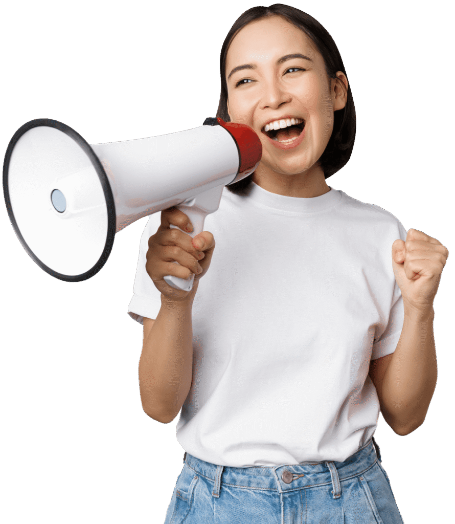 asian girl shouting at megaphone young activist p DC9ADVL