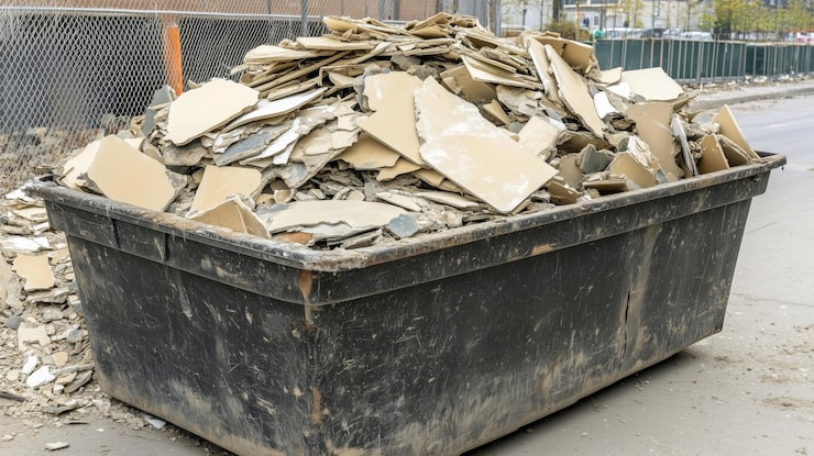 A large black dumpster overflowing with broken drywall and construction debris, with fragments spilling onto the concrete ground. A chain-link fence and a street with buildings and greenery are visible in the background.