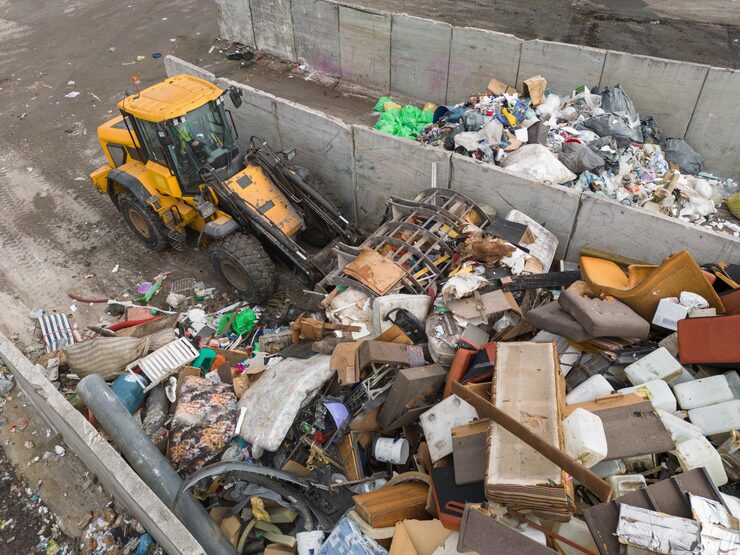 A dump truck parked beside a large pile of garbage, indicating waste collection or disposal activity.