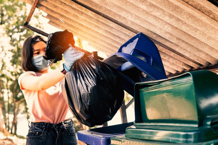 A person wearing a light blue face mask and gloves, a pink shirt, and blue jeans, disposing of a black trash bag into a blue waste bin under a corrugated roof, with a green bin beside them and trees in the background.