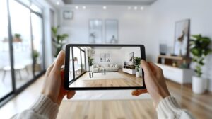 A person holds a black tablet horizontally, displaying a digital render of a bright modern living room with a light sofa, glass coffee table, white rug, and potted plants. The screen overlays a real, similarly furnished room behind it, creating an augmented-reality effect as the display blends into the actual space.